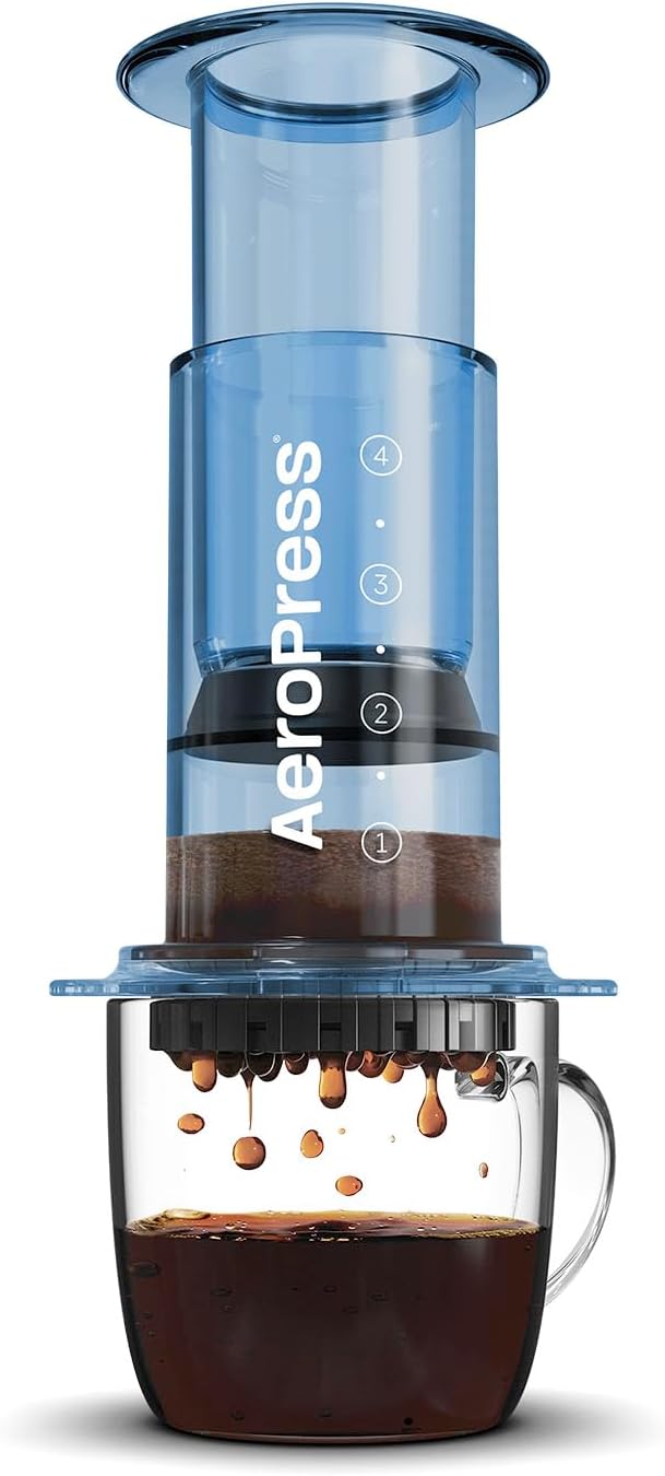 AeroPress Clear Blue Coffee Press – 3 In 1 Brew Method Combines French Press, Pourover, Espresso, Full Bodied Coffee Without Grit or Bitterness, Small Portable Coffee Maker for Camping & Travel, Blue