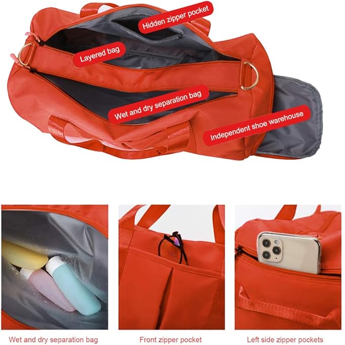 Blackwheel Sports Gym Bag With Shoe Bag Wet Bag Duffle Bag Waterproof Travel Bag for Women Cute Gym Bag Orange 29L