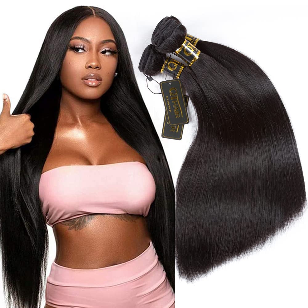 Qthair 14A Brazilian Straight Human Hair Bundles 26'' 26'' 26'' 24'' Straight Hair Bundles Brazilian Virgin Human Hair 100% Unpr