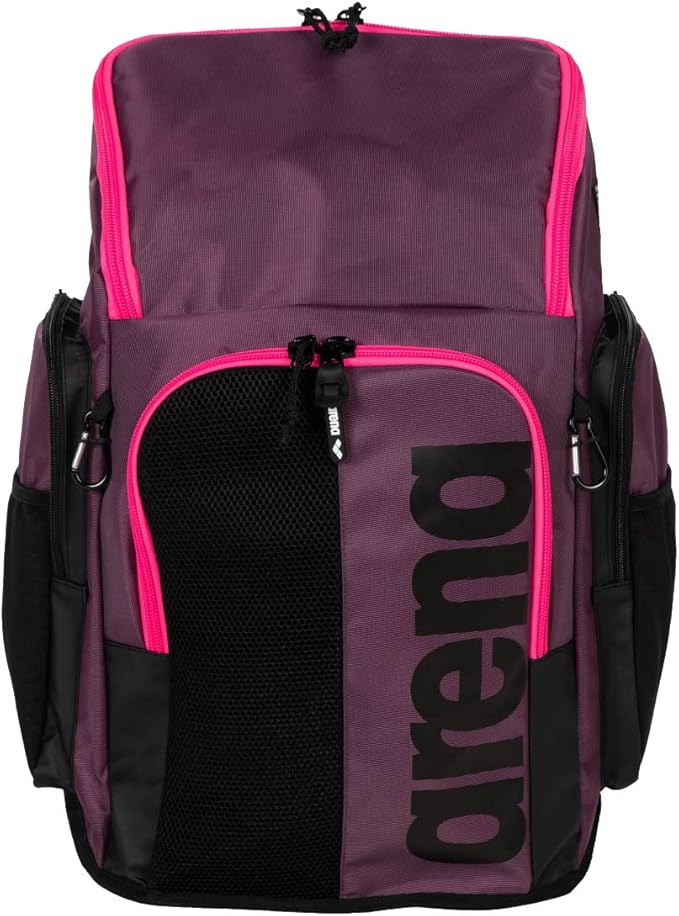 Arena Spiky III Backpack 45 Swimming Athlete Sports Gym Rucksack Large Training Gear Equipment Swim Bag for Men and Women, 45 Liters, Plum/Neon Pink
