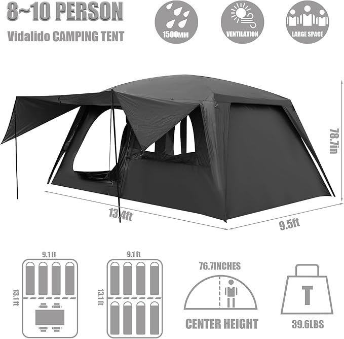 Vidalido 8-10 Person Camping Tent with 3 Door 2 Room Large Family Cabin Tents, Double Layer Waterproof Portable Glamping Tent, Big Tents for Outdoor Picnic Camping Hiking and Family Gathering