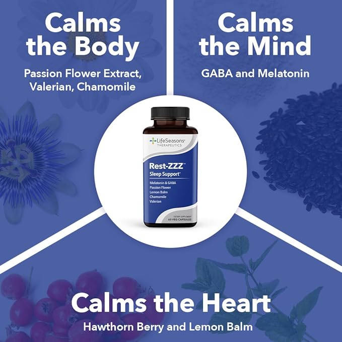 LifeSeasons Rest-ZZZ - Natural Sleep Support Supplement - Fall Asleep & Stay Asleep - Calms Nervous System - Ease Muscle Tension & Restlessness - Low Dose Melatonin GABA & Chamomile - 60 Capsules