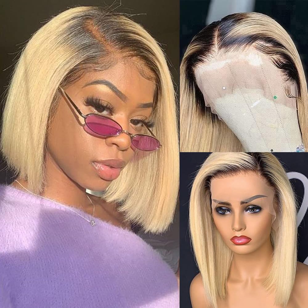 Ombre Blonde Human Hair Wigs 1B613 13X4 Lace Frontal Bob 180% Density Glueless Silky Straight 8 Inch For Women Brazilian Hair Pr