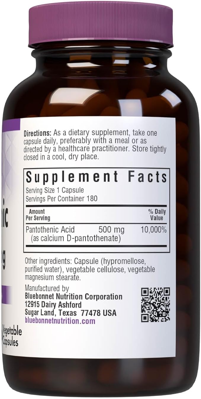 Bluebonnet Pantothenic Acid 500 mg Vegetable Capsules, 180 Count