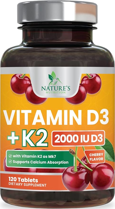 Vitamin D3 K2 2000 IU Plus with K2 (MK-7) 75 mcg - Vitamins D & K Complex Supplement for Bone, Teeth, Muscle, Calcium Absorption, Supports Immune & Heart Health, Non-GMO Chewable Formula - 120 Tablets