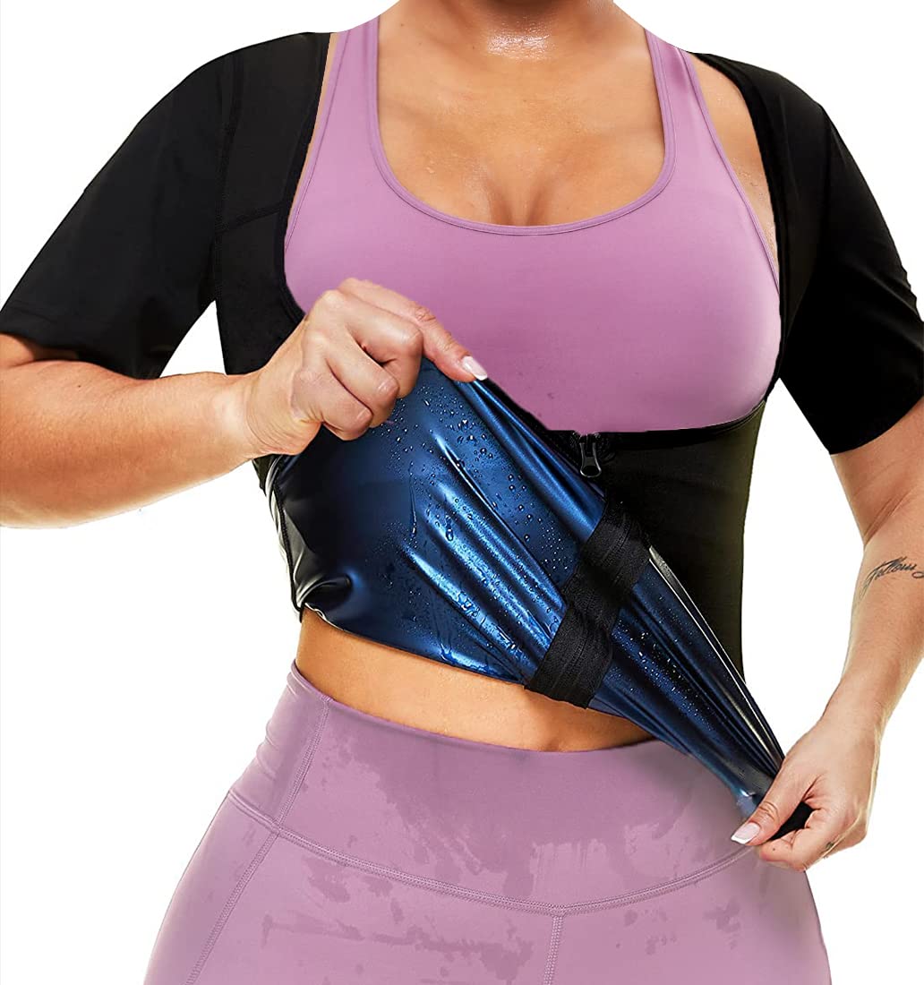 Sauna Suit for Women Sweat Body Shaper Jacket Hot Waist Trainer Long Sleeve Zipper Shirt Workout Top (blue-short sleeve, 3X-Large)