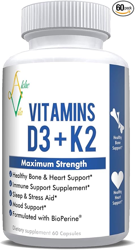 AlcheVita Vitamins D3 (5000 IU) + K2 (mk7) + Calcium (210mg)- Maximum Strength Complex (3-in-1 Formula) - 60 Capsules | Supports Healthy Bones, Heart and Immune System - Sleep and Stress Aid