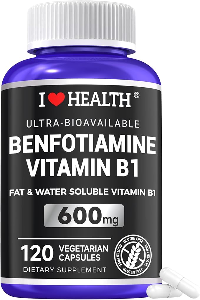 Benfotiamine 600mg Plus 20mg Vitamin B1 | 120 Veggie Capsules | Made in USA | 3rd Party Tested | Fat Soluble Essential Vitamin B1 Thiamine Supplement | Non-GMO | Gluten Free-Vegetarian Friendly