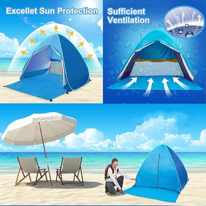 Large Pop-Up Beach Tent, Portable Camping Tent Sun Shade Shelter Pop Up Instant Portable Outdoors 2-3 Person Beach Cabana Sets Up in Seconds, Water-Resistant UV Protection Sun Shelter