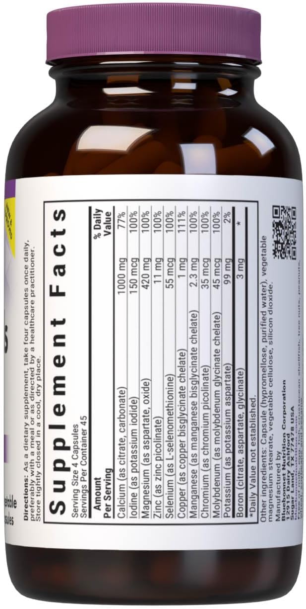 Bluebonnet Multi Minerals Supplement Plus Boron Chelated Magnesium Potassium Copper Selenium Manganese Chromium & Zinc Complex for Women & Men - No Iron, Non-GMO, Gluten-Free - 180 Vegetable Capsules