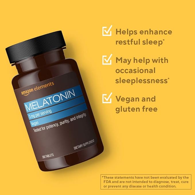 Amazon Elements Melatonin 3mg, Helps with Occasional sleeplessness, Vegan, Unflavored, 260 Tablets, 8 Month Supply (Packaging May Vary) (Pack of 3)