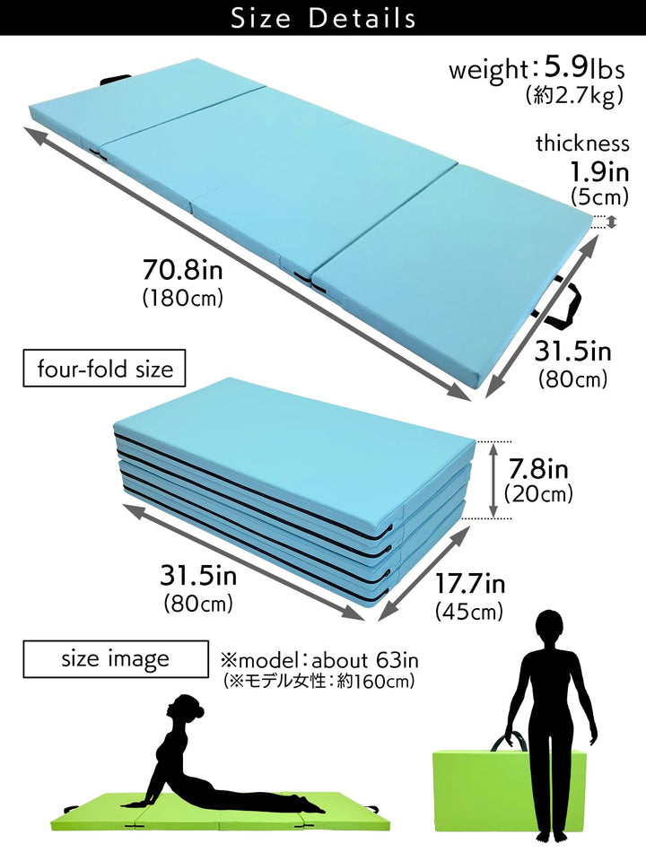 KaRaDaStyle Gymnastics Mat 4-Folding Stretch Mats 71"x31"x2" Exercise Muscle Training Children Play Horizontal Bar Mat Yoga Sports Soundproof Home Use (Blue/4-fold)
