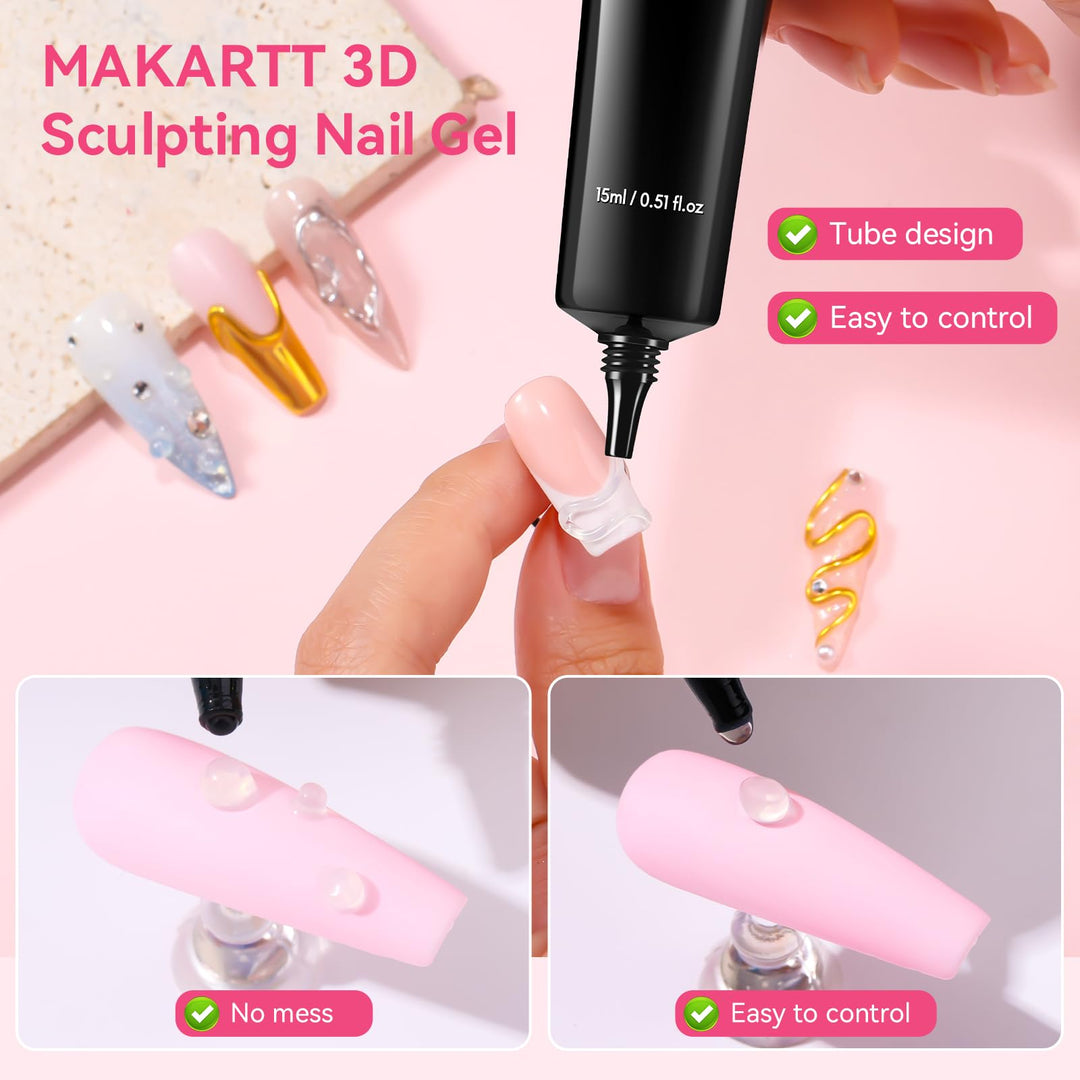 Makartt 3D Nail Gel and Chrome Nail Powder Kit, 15g Sculpting Gel for Nail Art DIY No wipe 3D Molding and Metallic Chrome Powder Set for Decoration Manicure Pedicure Use
