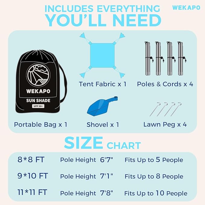 WEKAPO Beach Tent Sun Shelter - Easy Setup Beach Canopy with 4 Sturdy Poles, Large Sandbags and Shovel, 7'1'' Tall, Windproof Sun Shade for Backyard and Camping, UPF 50+ Protection