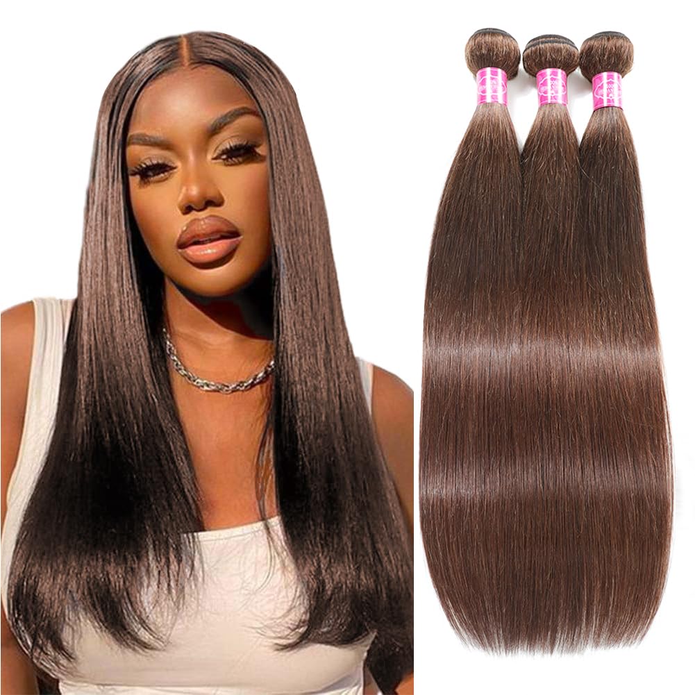 Mironica Brown #4 Color Straight Bundles Human Hair 20 22 24 Inch 3 Bundles Deals 12A Brazilian Weave Bundles Human Hair Virgin