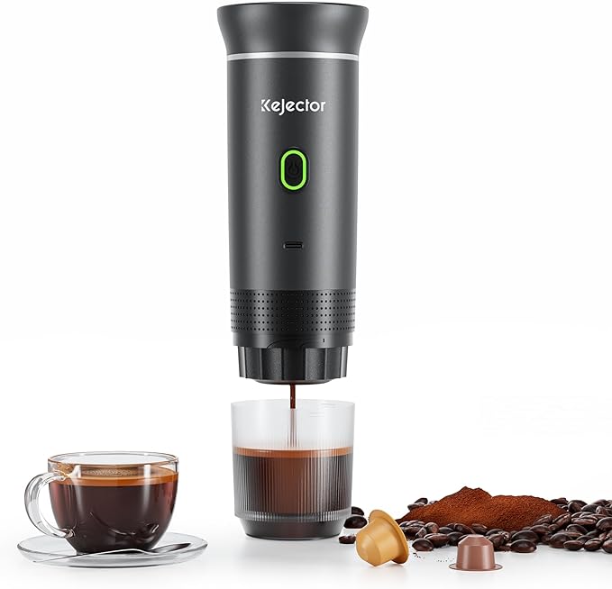 kejector Portable Coffee Maker Espresso Machine for Travel Nano Car Coffee Maker Compatible with Ground Coffee & Capsule for RV, Hiking Camping Office, Travel Espresso Maker Electric Gray
