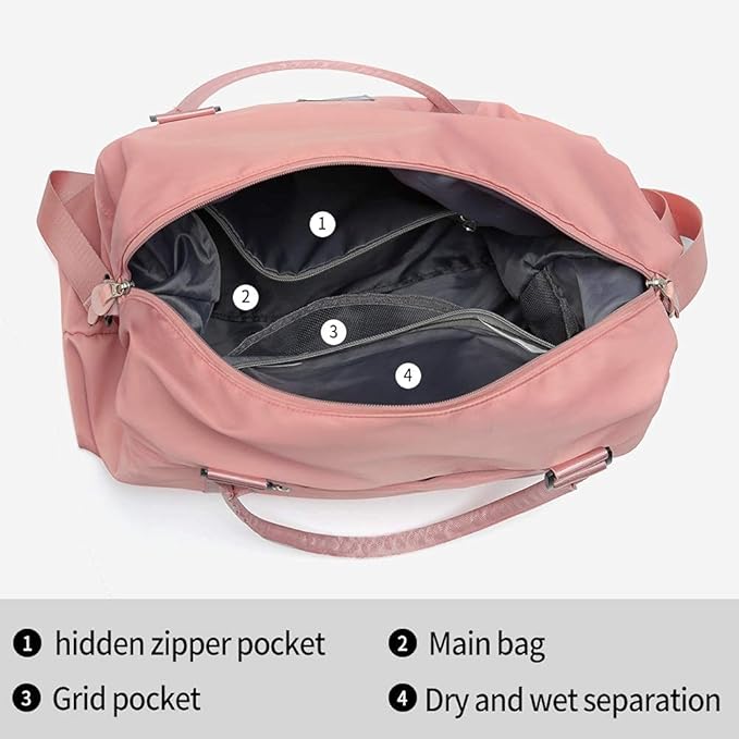 Womens travel bags, weekender carry on for women, sports Gym Bag, workout duffel bag, overnight shoulder Bag fit 15.6 inch Laptop Pink Large