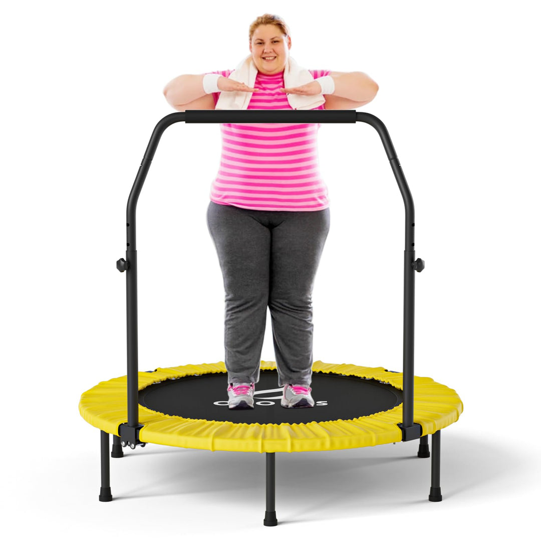 CLORIS 38in/40in/48in Folding Trampoline Mini Rebounder Fitness Trampoline with Adjustable Foam Handle for Kids/Adult, with safty Padded Cover Best Gift for Kids/Adult (Yellow)… (40in-Yellow)