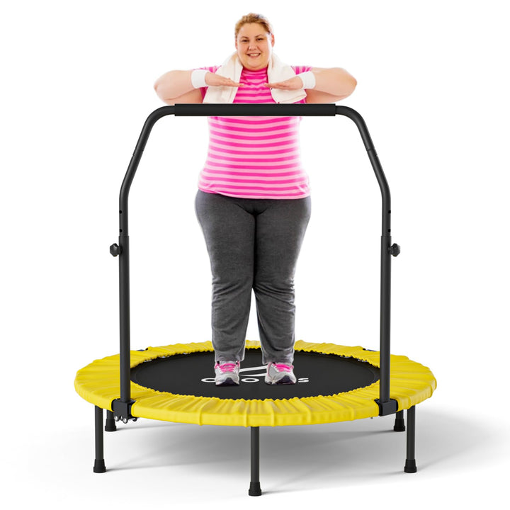 CLORIS 38in/40in/48in Folding Trampoline Mini Rebounder Fitness Trampoline with Adjustable Foam Handle for Kids/Adult, with safty Padded Cover Best Gift for Kids/Adult (Yellow)… (40in-Yellow)