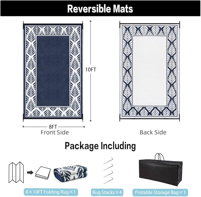 Outdoor Plastic Straw Rug, Waterproof Mat, Washable Large Floor Mat and Rug for Outdoors, RV, Beach, Patio, Camping, Backyard, Deck, Picnic,Indoor Outside (8x10ft,Olive-Leaf/Dark Blue&White)