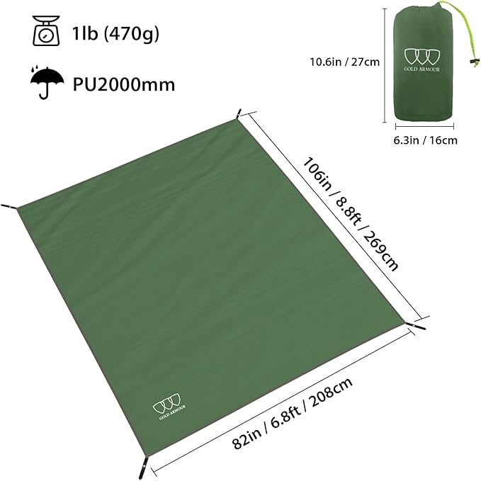 Gold Armour Tent Footprint, Camping Tarp Waterproof Ultralight - 84x60in | 84x84in | 84x96in | 82x106in | 120x108in | 120x120in | 120x144in Floor and Ground Tarps Gear Equipment (Army Green 82x106in)