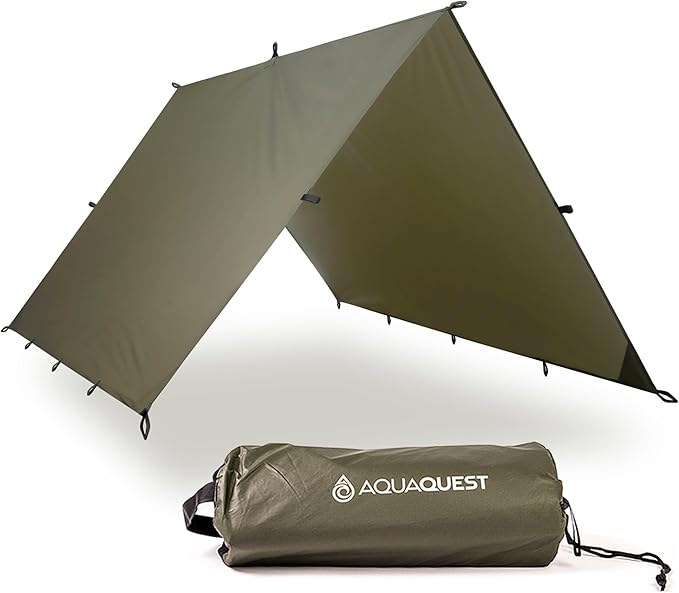AquaQuest Guide Camping Tarp - Ultralight Tent Cover or Rain Fly - Waterproof Camping Gear Must Haves for Hiking, Hammock, Bivy & Survival, 10 x 10 ft, Olive Drab