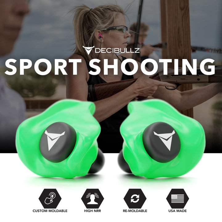 Decibullz - Custom Molded Earplugs, 31dB Highest NRR, Comfortable Hearing Protection for Shooting, Travel, Swimming, Work and Concerts (Green)