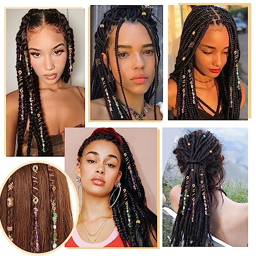 80 Pcs Natural Crystal Stone Dreadlock Accessories, Jollidecor Hair Jewelry for Braids Hair Spirals Gems Charms Adjust Gold Loc Jewelry for Hair Cuffs for Adult Women Braids Hairstyle Decoration