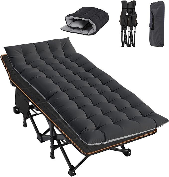 ABORON Folding Camping Cot W/Mat for Adults, Heavy Duty Outdoor Bed with Carry Bag,1200 D Layer Oxford Travel Camp Cots (Black Cot with Black Cotton Pad)
