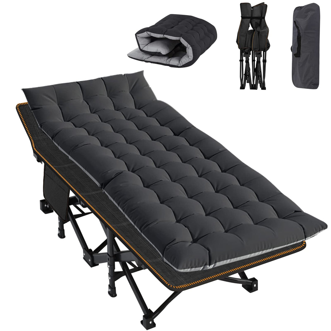 ABORON Folding Camping Cot W/Mat for Adults, Heavy Duty Outdoor Bed with Carry Bag,1200 D Layer Oxford Travel Camp Cots (Black Cot with Black Cotton Pad)