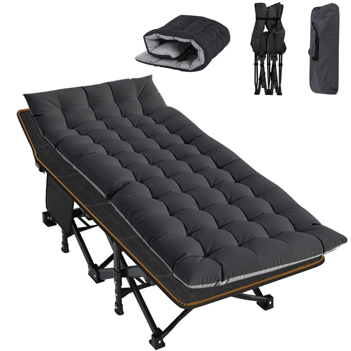 ABORON Folding Camping Cot W/Mat for Adults, Heavy Duty Outdoor Bed with Carry Bag,1200 D Layer Oxford Travel Camp Cots (Black Cot with Black Cotton Pad)