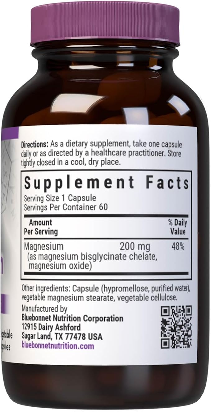 Bluebonnet Nutrition Albion Buffered Chelated Magnesium 200 mg, Magnesium Oxide, Stress Relief, Vegan, Non GMO, Gluten Free, Soy Free, Milk Free, Kosher, 60 Vegetable Capsules, 1 Month Supply