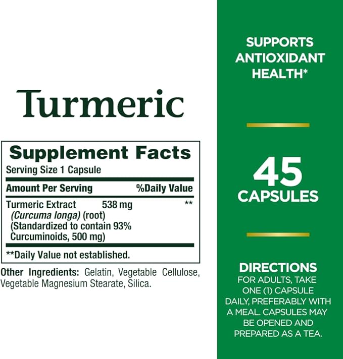 Nature's Bounty Turmeric Pills and Herbal Health Supplement, Supports Joint Pain Relief and Antioxidant Health, 538mg, 45 Capsules