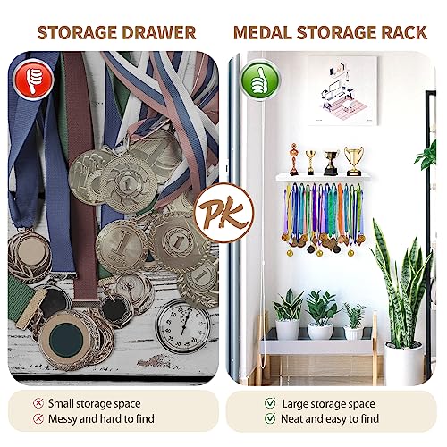 DSVENROLY Medal Holder Display Trophy Shelf Organizer,Sturdy Wooden Medal Trophy Hanger Rack with 25 Steel Hooks, Wall Mount Medal Hanger for Race Medals Trophies Easy to Install(Brown)