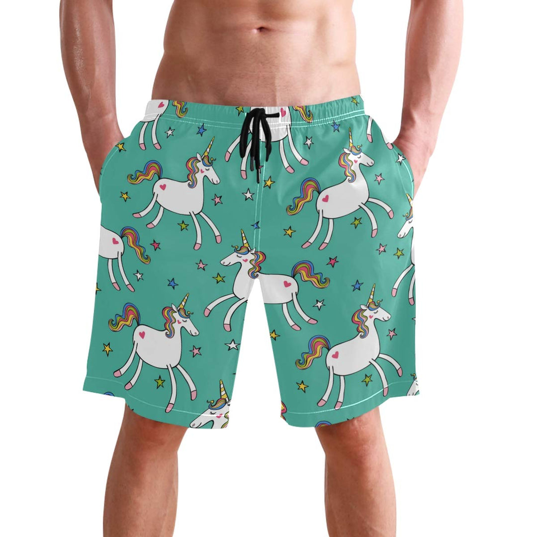 visesunny Summer Style White Unicorn with Heart Men's Beach Shorts Swim Trunks Sports Running Bathing Suits with Mesh Lining