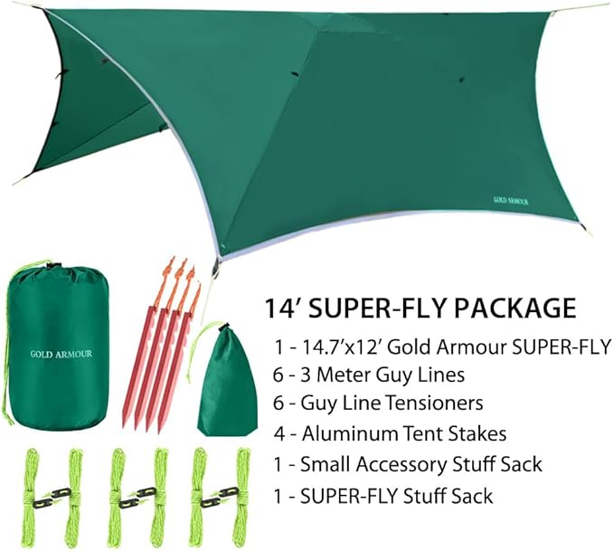 Gold Armour Rainfly Tarp for Hammock and for Tent, Camping Essentials Rain Fly Cover, Waterproof Lightweight Camping Accessories, Survival Camping Gear Camping Tent Accessories (Green)