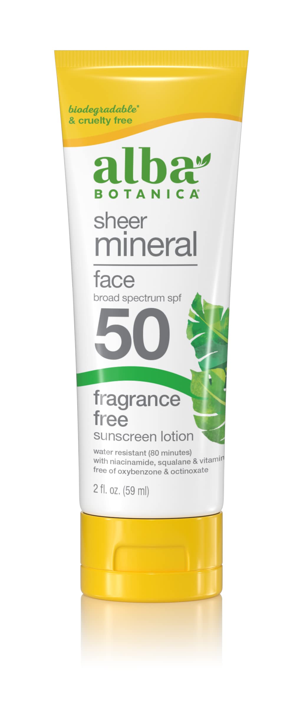Alba Botanica Sunscreen For Face, Fragrance-Free Sheer Mineral Face Sunscreen Lotion, Broad Spectrum Spf 50, Water Resistant And