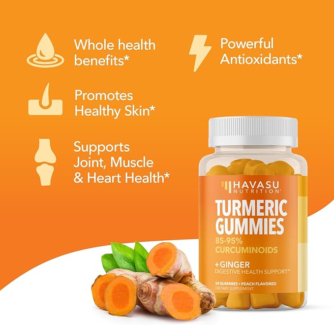 Turmeric Gummies with Ginger and 95% Curcuminoids - Digestive Health and Immune Support Supplement for Overall Wellness - 60 Count - Vegan, Non-GMO Curcumin Vitamin - Peach Flavor, 1 Month Supply