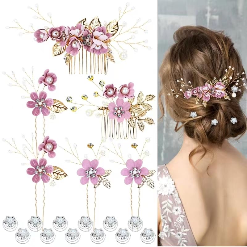 Cinaci 18 Pieces Bridal Wedding Party Prom Pearl Rhinestone Purple Flower Hair Side Combs Slides+U-shaped Flower Hair Pins+Twist Spiral Hairpins Floral Headpieces for Brides Bridesmaids Women Girls