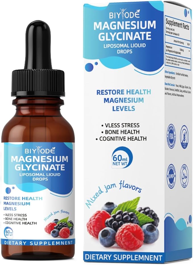 High Absorption Magnesium Glycinate Liquid - with Vitamins B6, C, D, Fiber, Bromelain, Raspberry & Strawberry, Non-GMO, Gluten-Free, Vegan, Stress Relief, Sleep, Muscle & Heart Support, 60ml