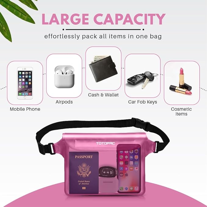 2-Pack Waterproof Fanny Pack, Phone Pouch with Waist Strap, 9x6.7 Inch Dry Bag for Phone, Cash, and Valuables – for Swimming, Kayaking, Boating, Snorkeling, and Water Sports (2, Pink + White)