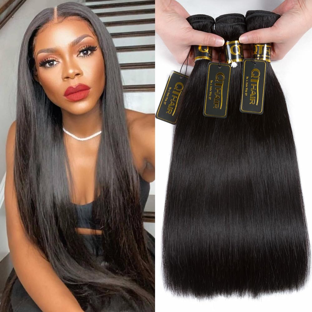 Qthair 14A Indian Hair 3 Bundles 100% Virgin Unprocessed Straight Human Hair 20'' 22'' 24''Inches Indian Straight Hair