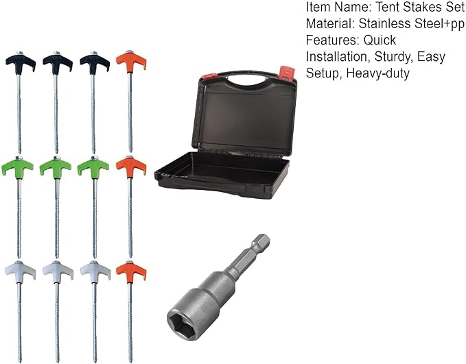 8" Screw in Tent Stakes - Ground Anchors Screw in, Screw in Tent Stakes Heavy Duty, Tent Pegs Camping Stakes, Metal Threaded Tent Spikes, Screw Tent Stakes with Hex Sleeves (12Pcs+Box White)