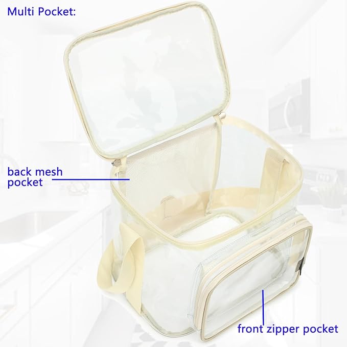 FlowFly Insulated Reusable Lunch Bag Adult Large Lunch Box for Women and Men with Adjustable Shoulder Strap,Front Zipper Pocket and Dual Large Mesh Side Pockets,Clear#Biege