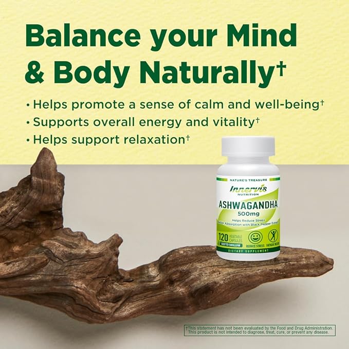Ashwagandha 500mg with Black Pepper for Enhanced Absorption - Stress Support, Relaxation & Mood Balance -120 Vegan Capsules - Non-GMO, Made in USA, 3rd Party Lab Tested