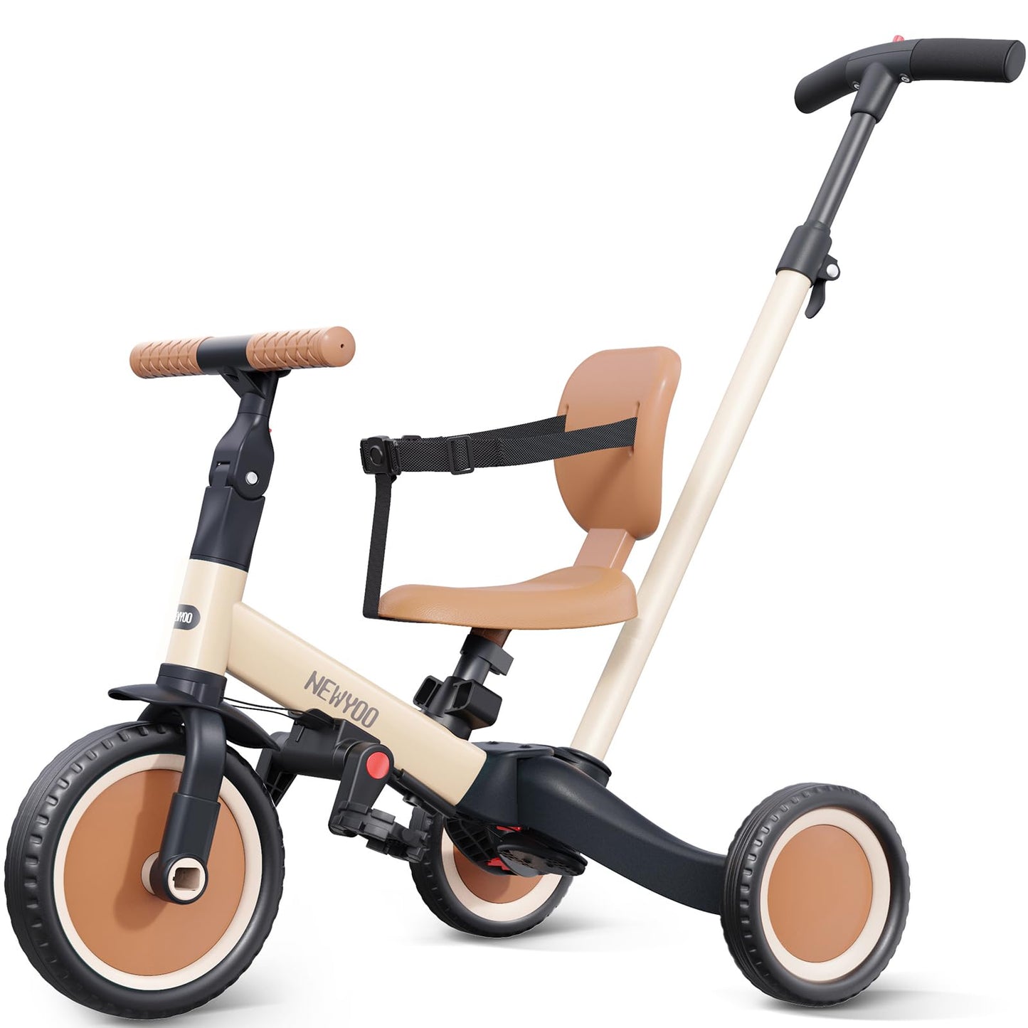 newyoo Toddler Tricycle with Push Handle for 1-3 Year Old, Toddler Bike, Birthday Toy for Boys & Girls, 5 in 1 Kids Trike, Balance Bike with Backrest & Safety Belt, Khaki, TR007