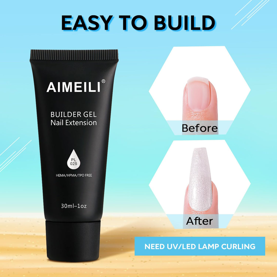 AIMEILI Poly Nail Extension Gel White Glitter Builder Nail Gel Hema Free Poly Nail Enhancement Nail Art Design DIY Salon Nail At Home Gift for Women Nail Gel -025
