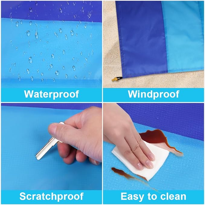 Beach Blanket Beach Mat, Sandproof Waterproof Beach Mat, Extra Large 82 * 79 in (5-7 People) Picnic Blanket with 1 Storage Bag, 1 Carabiner & 4 Fixed Nails for Beach, Camping, Hiking, Picnic