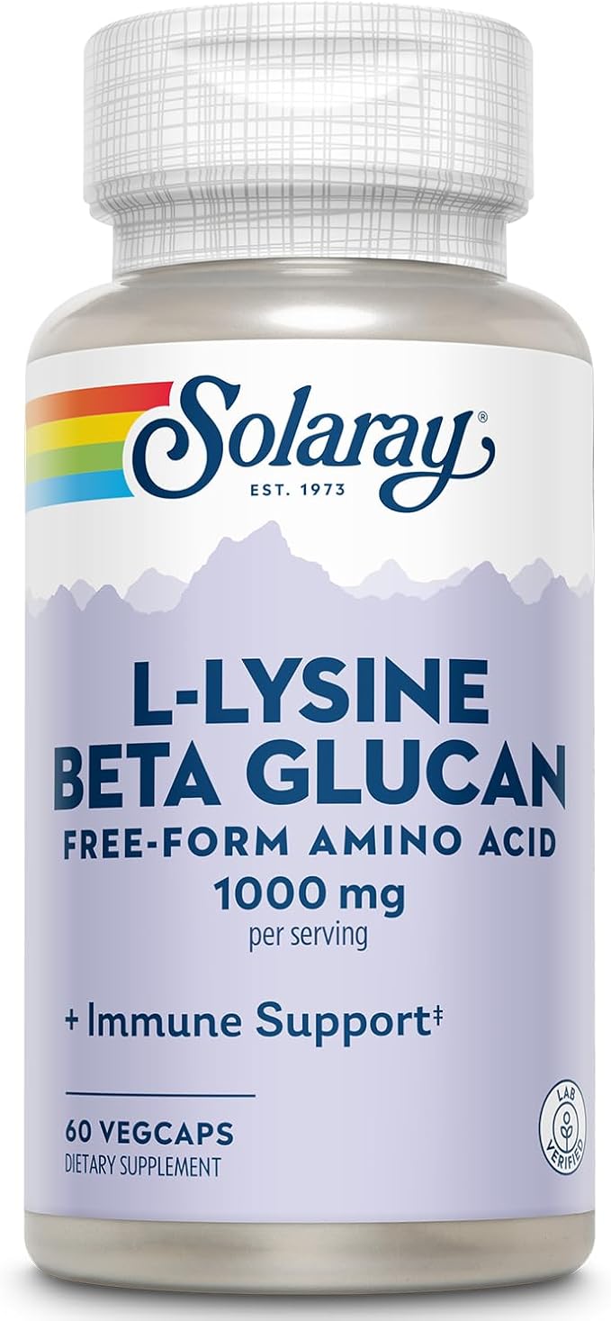 SOLARAY L-Lysine with Beta Glucan, Free Form Amino Acid, L-Lysine 1000mg Capsules, Immune Support Supplement, Healthy Skin and Lips Support, 60-Day Guarantee, Lab Verified, 30 Servings, 60 VegCaps