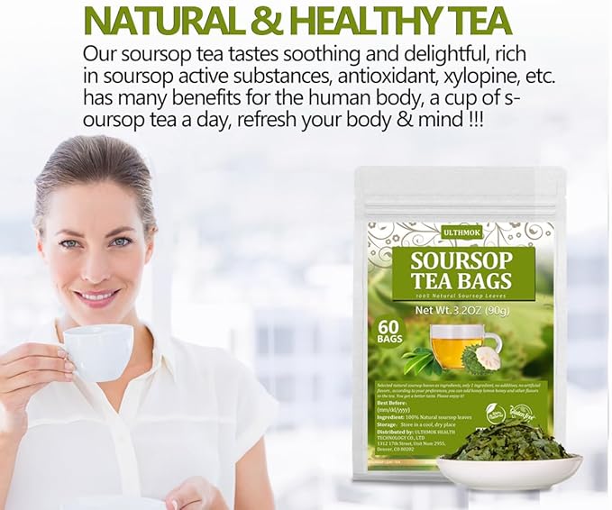 Premium 60 Soursop Tea Bags, Made with 100% Natural Graviola Leaves, Hoja Guanabana Tea, No Additives & Caffeine Free.
